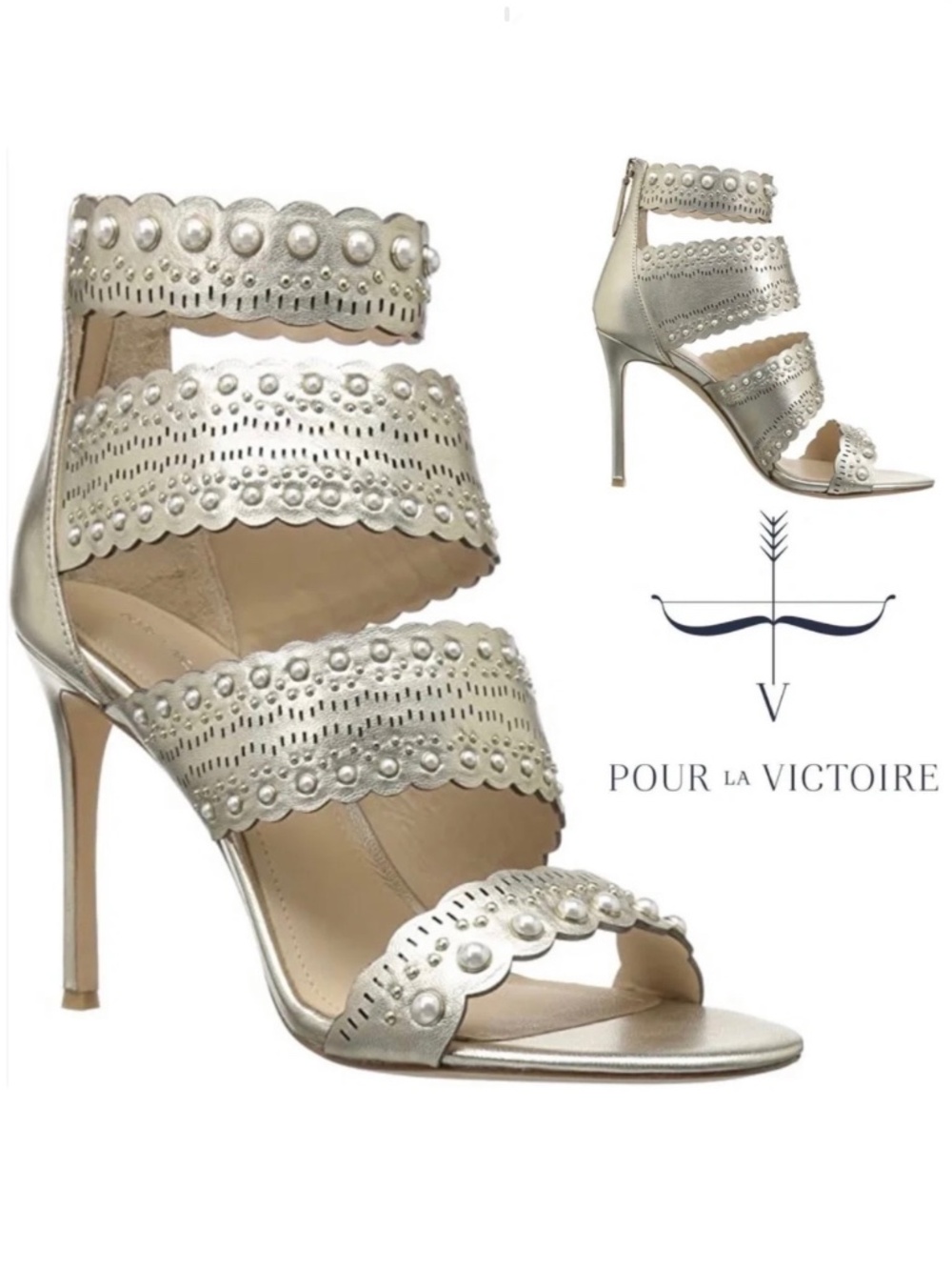 Pour La Victoire Ellura Champagne Leather Silver Gold Pearl Heeled Sandals Pumps